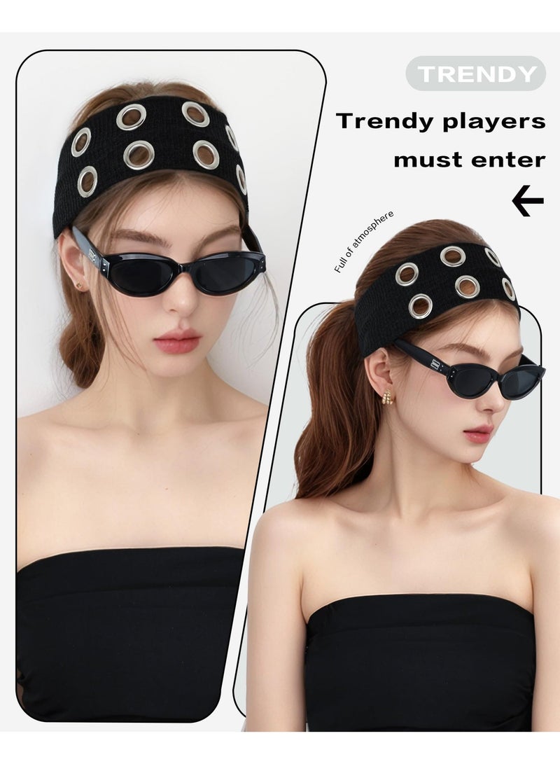 20cm Hollow Eyelet Hairband, Black Elastic Wide Grommet Headband, Punk Grunge Fashion Hair Band for Ladies Daily Party - Image 3