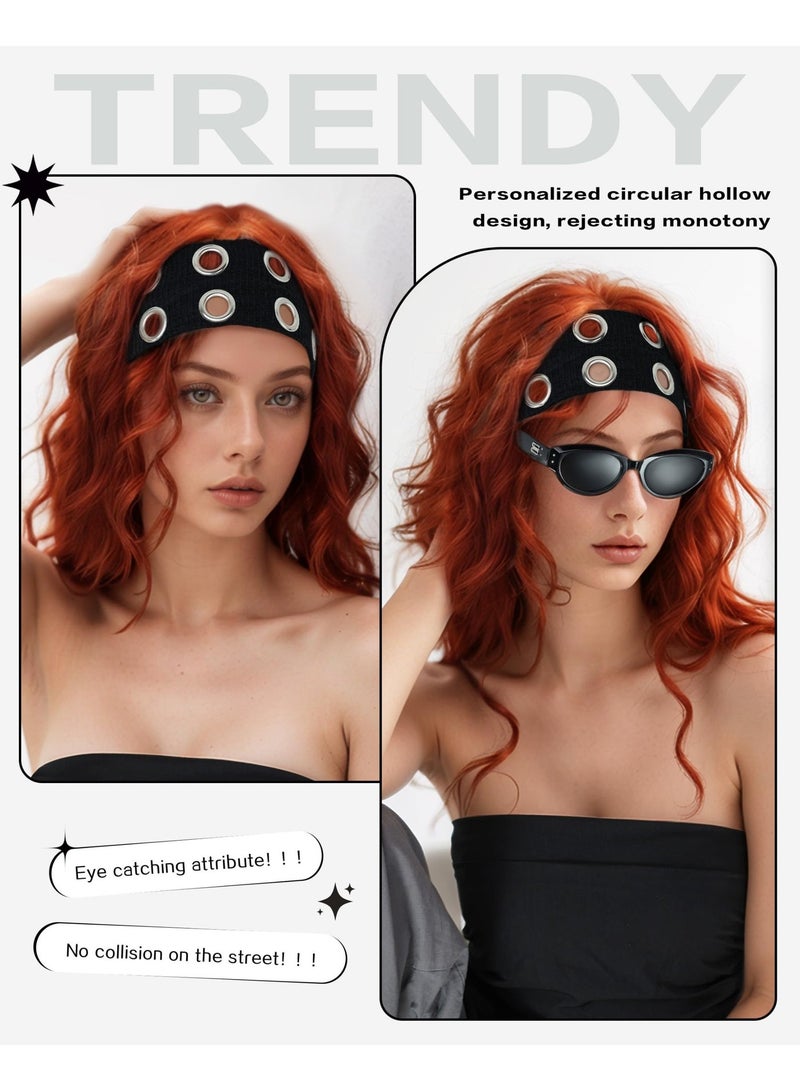 20cm Hollow Eyelet Hairband, Black Elastic Wide Grommet Headband, Punk Grunge Fashion Hair Band for Ladies Daily Party - Image 5