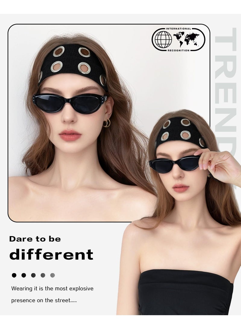 20cm Hollow Eyelet Hairband, Black Elastic Wide Grommet Headband, Punk Grunge Fashion Hair Band for Ladies Daily Party - Image 4