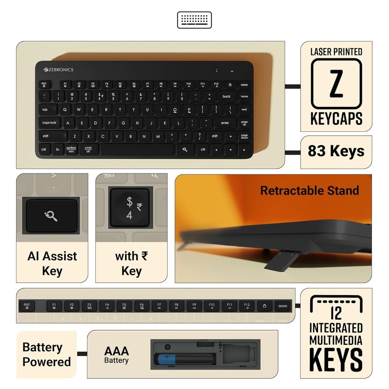 ZEBRONICS مجموعة لوحة المفاتيح والفأرة اللاسلكية Companion 201 بتردد 2.4GHz، 83 مفتاح، مفتاح مساعد بالذكاء الاصطناعي، 12 مفتاح وسائط متعددة مدمجة، فأرة بـ 3 أزرار، 1600 DPI، دقة عالية، تشغيل صامت (أسود) - Image 4