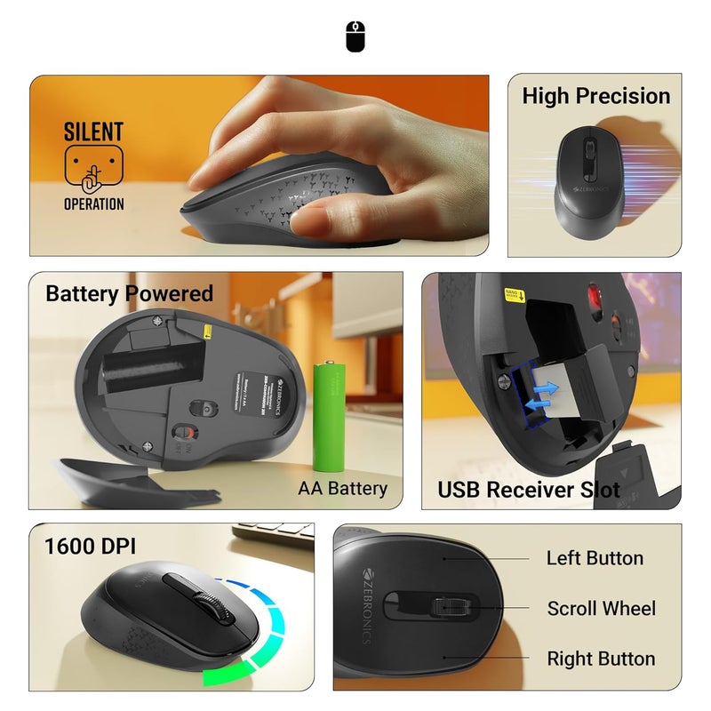 ZEBRONICS مجموعة لوحة المفاتيح والفأرة اللاسلكية Companion 201 بتردد 2.4GHz، 83 مفتاح، مفتاح مساعد بالذكاء الاصطناعي، 12 مفتاح وسائط متعددة مدمجة، فأرة بـ 3 أزرار، 1600 DPI، دقة عالية، تشغيل صامت (أسود) - Image 5