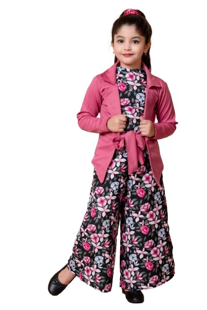 SPAMitude Girls Self Designed Premium Cotton Jacket Jumpsuit Dress | Floral Printed Jumpsuit Jacket Set for Birthday Girl (8-9 Years, Pink) - Image 1