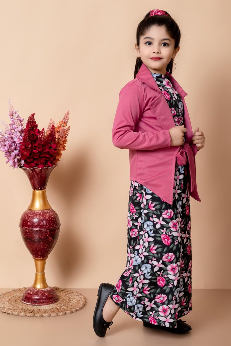 SPAMitude Girls Self Designed Premium Cotton Jacket Jumpsuit Dress | Floral Printed Jumpsuit Jacket Set for Birthday Girl (8-9 Years, Pink) - Image 5