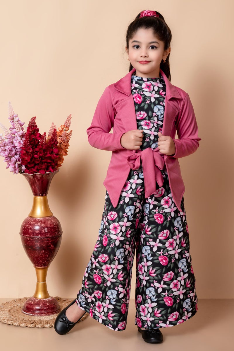 SPAMitude Girls Self Designed Premium Cotton Jacket Jumpsuit Dress | Floral Printed Jumpsuit Jacket Set for Birthday Girl (8-9 Years, Pink) - Image 4