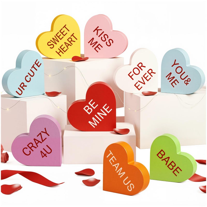 OLANRUN Valentines Day Decorations, 9 PCS Double Printed Wooden Conversation Hearts Decor for Galentines, Romantic Valentines Day Decor for Home Office Table Tiered Tray Fireplace Mantel - Image 1