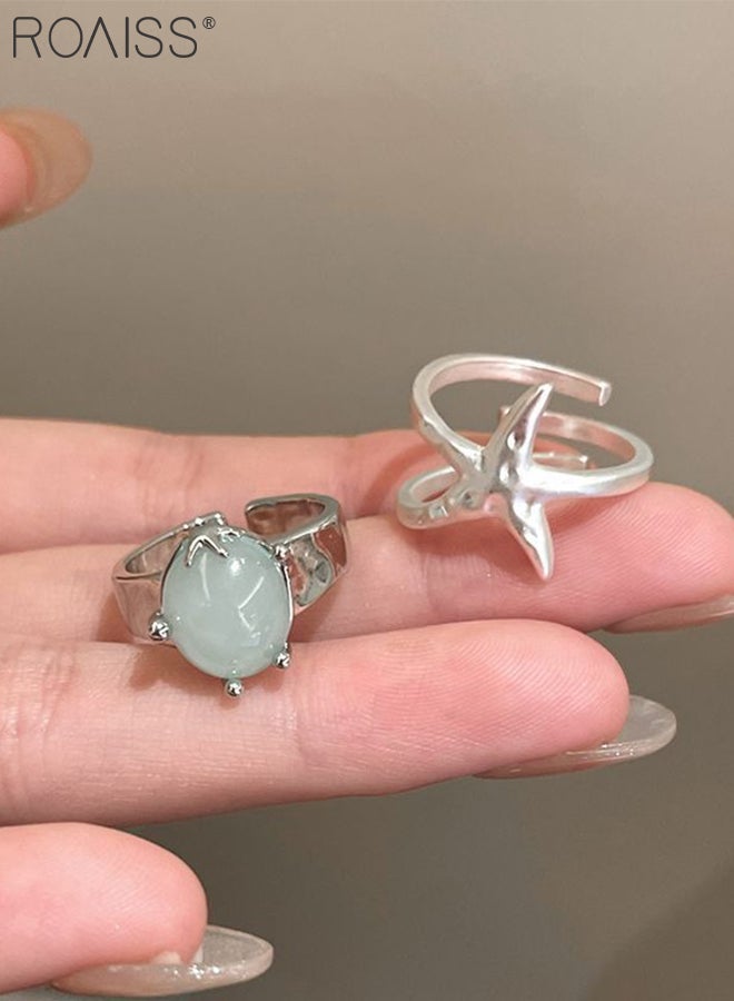 roaiss 3 Pcs Jewelry Set, 2 Open and Adjustable Starfish Rings, 1 Multi-Layered Tail Decorative Pendant Necklace Decorated with Shells and Aquamarine Zircon, Suitable for Women Daily Wear - Image 4