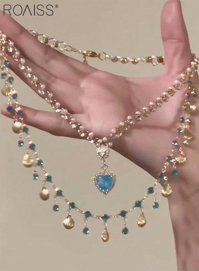 roaiss 3 Pcs Jewelry Set, 2 Open and Adjustable Starfish Rings, 1 Multi-Layered Tail Decorative Pendant Necklace Decorated with Shells and Aquamarine Zircon, Suitable for Women Daily Wear - Image 5