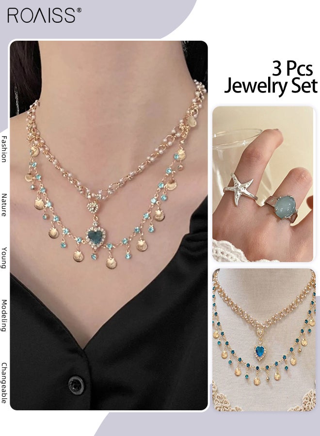 roaiss 3 Pcs Jewelry Set, 2 Open and Adjustable Starfish Rings, 1 Multi-Layered Tail Decorative Pendant Necklace Decorated with Shells and Aquamarine Zircon, Suitable for Women Daily Wear - Image 1