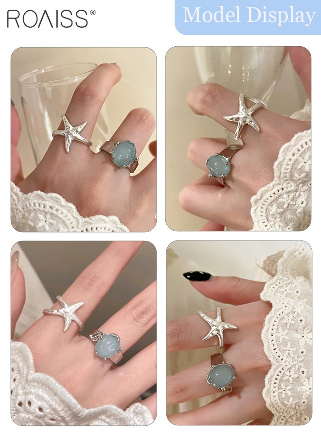 roaiss 3 Pcs Jewelry Set, 2 Open and Adjustable Starfish Rings, 1 Multi-Layered Tail Decorative Pendant Necklace Decorated with Shells and Aquamarine Zircon, Suitable for Women Daily Wear - Image 2