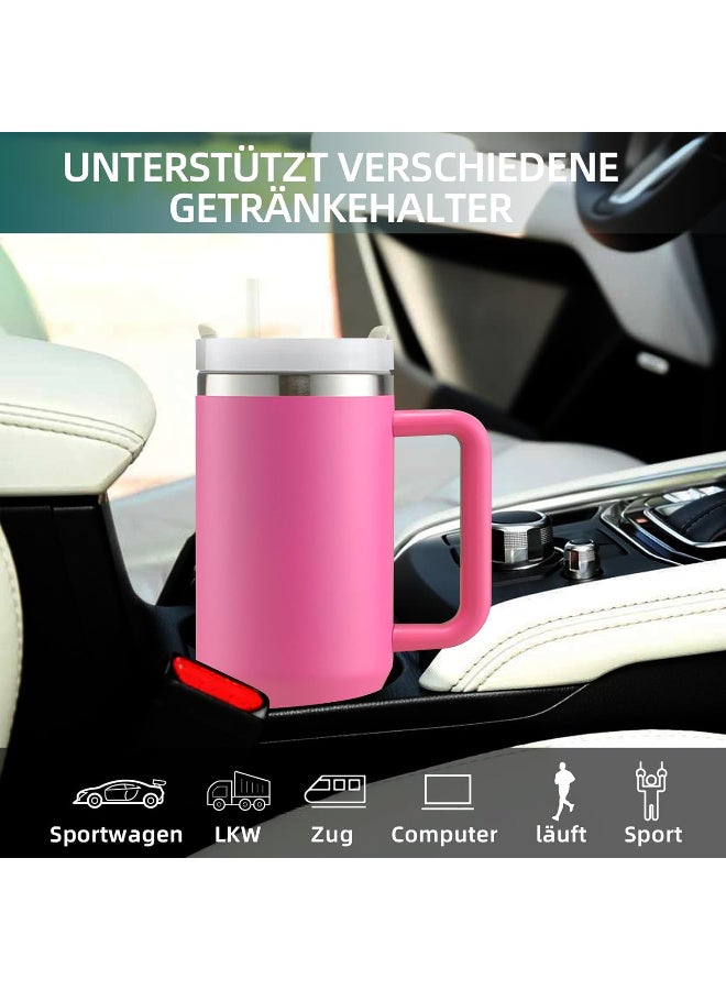 cup Thermal Mug with Straw and Handle, 1200 ml Coffee Mug To Go, Double-Walled Stainless Steel Vacuum Insulated Mug with Lid, Portable Car Mug for Hot and Cold Drinks (Pink) - Image 3