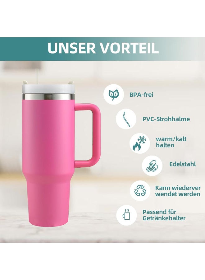 cup Thermal Mug with Straw and Handle, 1200 ml Coffee Mug To Go, Double-Walled Stainless Steel Vacuum Insulated Mug with Lid, Portable Car Mug for Hot and Cold Drinks (Pink) - Image 2