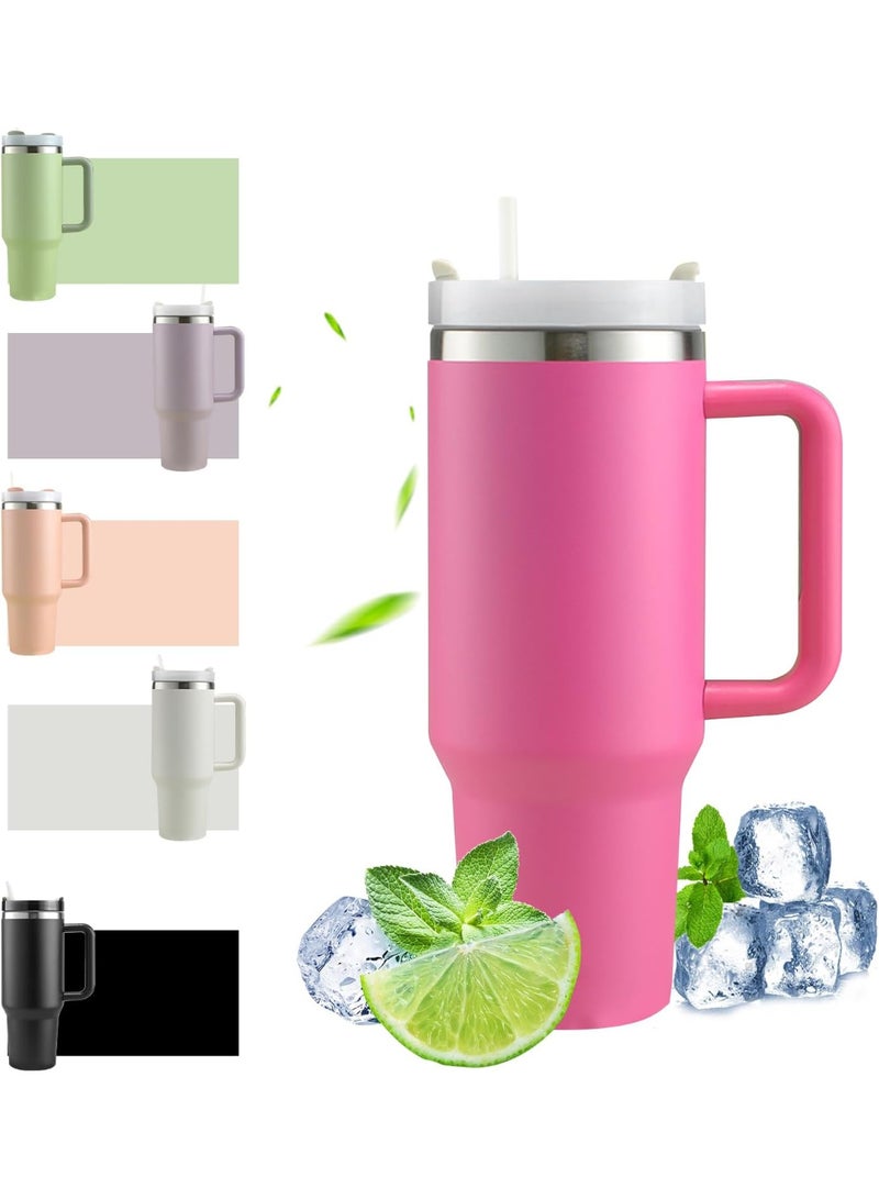 cup Thermal Mug with Straw and Handle, 1200 ml Coffee Mug To Go, Double-Walled Stainless Steel Vacuum Insulated Mug with Lid, Portable Car Mug for Hot and Cold Drinks (Pink) - Image 1