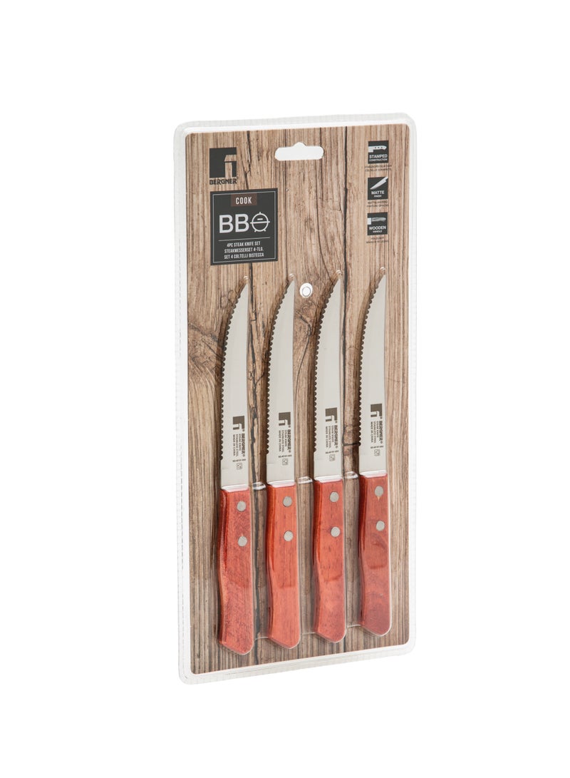 BERGNER BBQ COOK 4PC STAINLESS STEEL STEAK KNIFE SET WITH WOODEN HANDLES, BROWN/SILVER, BG40191MM  - Image 4