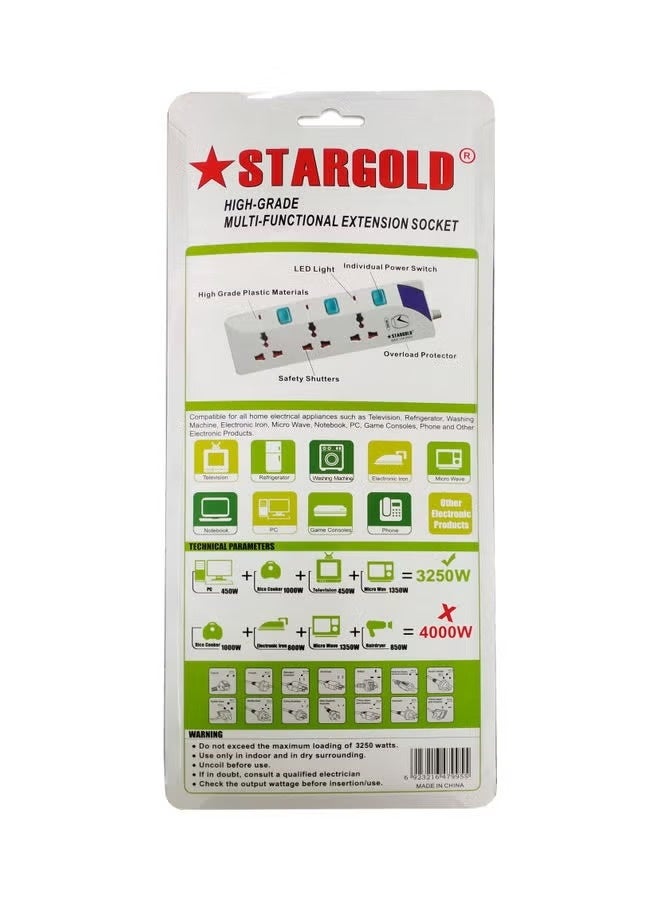 Stargold 3250 Watts Universal 3-Way Power Extension Socket With Cable And Individual Switch 13A Fused UK Plug White 5meter - Image 3