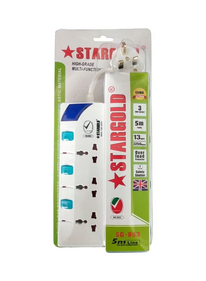 Stargold 3250 Watts Universal 3-Way Power Extension Socket With Cable And Individual Switch 13A Fused UK Plug White 5meter - Image 2