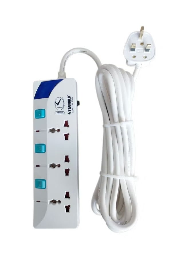 Stargold 3250 Watts Universal 3-Way Power Extension Socket With Cable And Individual Switch 13A Fused UK Plug White 5meter - Image 1