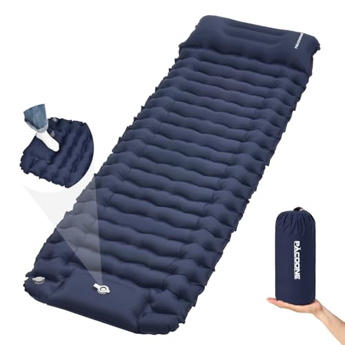 PACOONE Camping Sleeping Pad Connectable Design for Double Mat Ultralight Inflatable Sleeping Mat with Pillow Builtin Foot Pump Portable Camping Air Mattress for Backpacking Hiking Tent Navy - Image 1