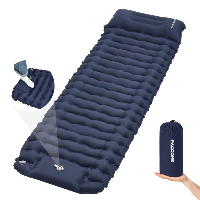 PACOONE Camping Sleeping Pad Connectable Design for Double Mat Ultralight Inflatable Sleeping Mat with Pillow Builtin Foot Pump Portable Camping Air Mattress for Backpacking Hiking Tent Navy - Image 2