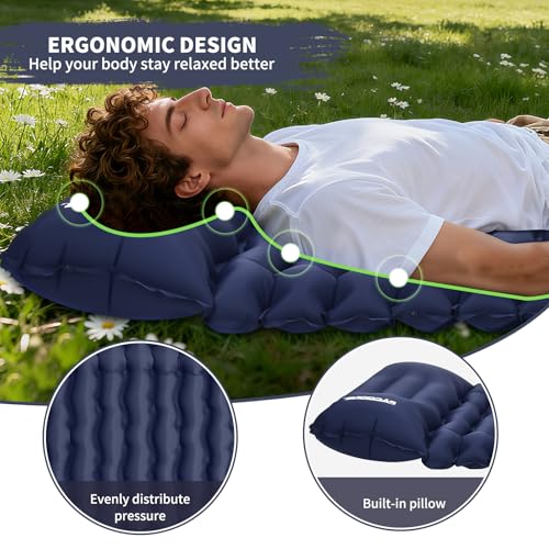 PACOONE Camping Sleeping Pad Connectable Design for Double Mat Ultralight Inflatable Sleeping Mat with Pillow Builtin Foot Pump Portable Camping Air Mattress for Backpacking Hiking Tent Navy - Image 3