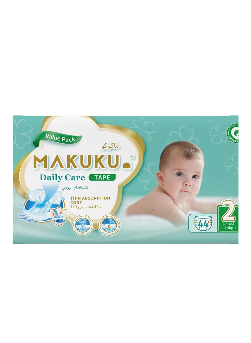 Makuku MAKUKU Daily Care Tape Style Diapers, 44 Pieces Value Pack, Size 2, 4 to 6kg - Leak-Proof, Breathable, Thin Absorption Core 