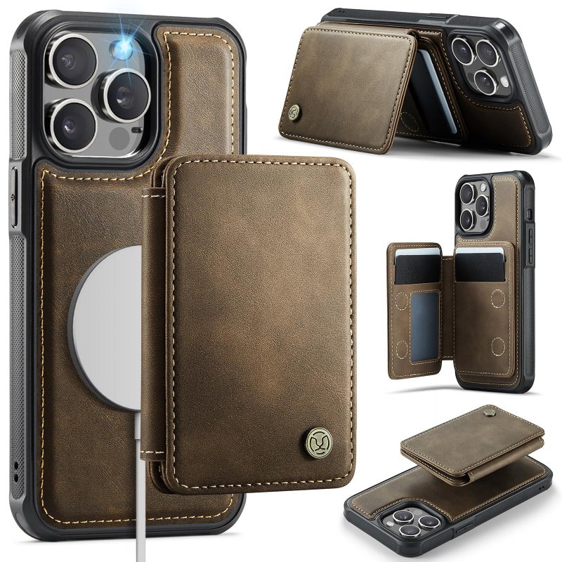 Usroom Compatible with Magsafe for iPhone 13 Pro Wallet Case Magnetic Card Holder, RFID Blocking 2 in 1 Detachable Kickstand Shockproof Case for Women Men, Brown - Image 1