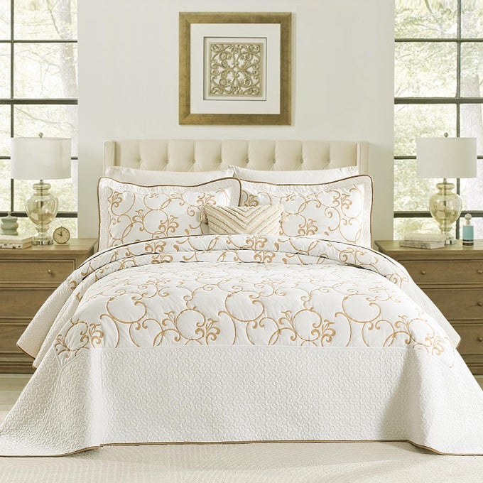 100 COTTON 120X120 CALIFORNIA KING BEDSPREAD COVERLET QUILT SET OVERSIZED CAL KING QUILTED BEDSPREAD LARGE QUILT EMBROIDERY XL BED SPREAD LIGHTWEIGHT COMFORTER BEIGEWHITE