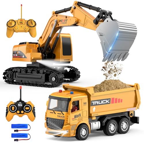 MQDMINI Remote Control Excavator and Dump Truck Toy Set RC Construction Vehicles Toy with Barricades Road Signs Simulated Rocks Lights and Sounds Present for Toddlers 312 Year Boys Girls - Image 1
