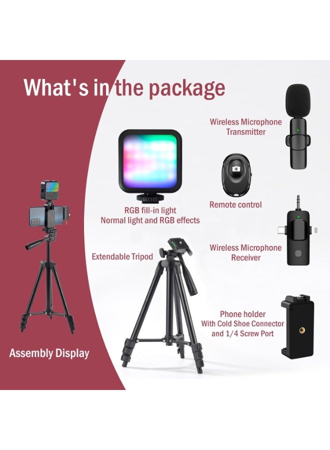 Vlogging Kit for iPhone,YouTube Starter Kit,Youtuber Kit Beginner Content Creator Essentials Kit for Android Phone,Vlogging Camera Kit with Extendable Tripod/Wireless Microphone/RGB Fill-in Light - Image 3