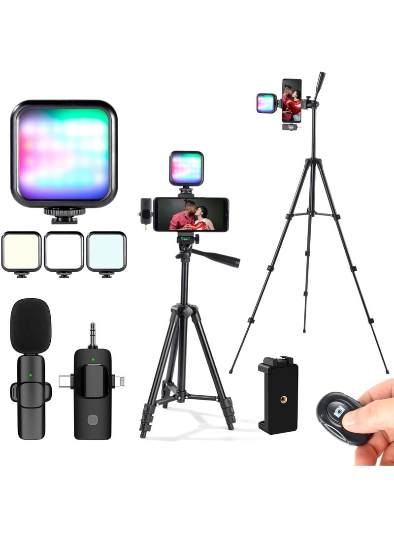 Vlogging Kit for iPhone,YouTube Starter Kit,Youtuber Kit Beginner Content Creator Essentials Kit for Android Phone,Vlogging Camera Kit with Extendable Tripod/Wireless Microphone/RGB Fill-in Light - Image 1