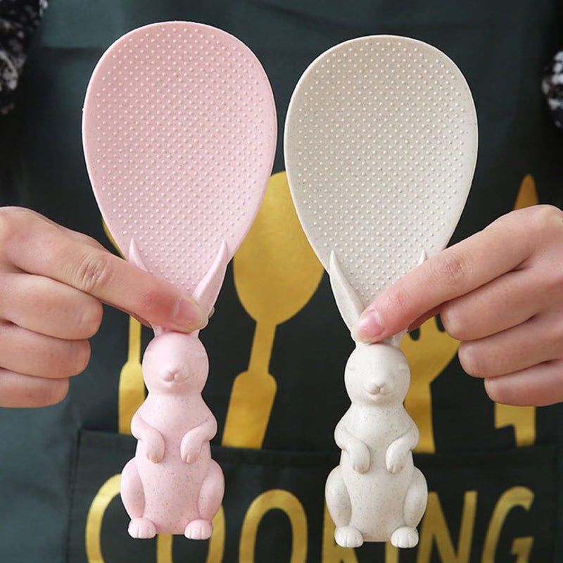 Heat Resistant Rice Spoons Non Stick Bunny Design Wheat Straw PP Material Beige Pink - Image 5