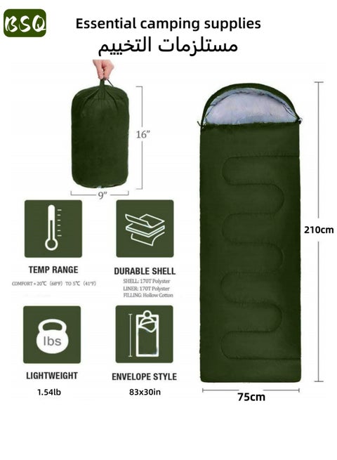 مستلزمات الطوارئ | كيس نوم 210 سم × 75 سم | كيس نوم خفيف الوزن للتخييم من القطن | سميك مقاوم للرياح ودافئ | خفيف الوزن ومقاوم للماء | مصنوع من الألياف الدقيقة | مع حقيبة تخزين (أخضر)