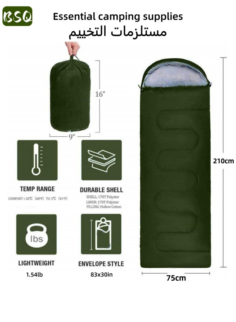 بي إس كيو مستلزمات الطوارئ | كيس نوم 210 سم × 75 سم | كيس نوم خفيف الوزن للتخييم من القطن | سميك مقاوم للرياح ودافئ | خفيف الوزن ومقاوم للماء | مصنوع من الألياف الدقيقة | مع حقيبة تخزين (أخضر) - Image 1