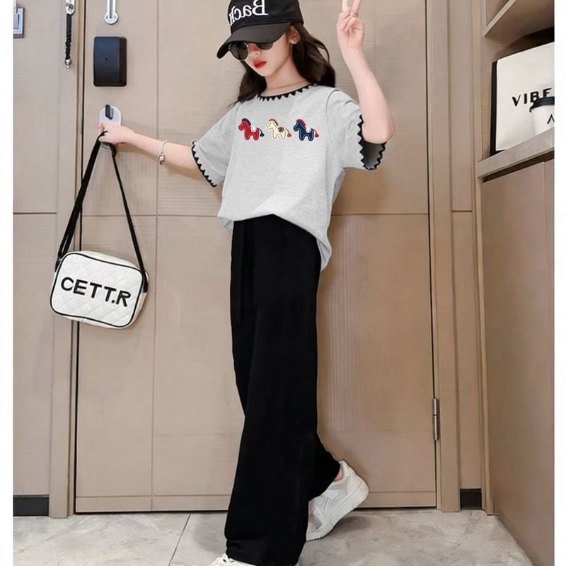 Children''s Summer Outfit Set: Ice Silk Pants and Stylish Short-Sleeve Top for Girls, Loose and Trendy Princess Style Two-Piece Set - Image 3
