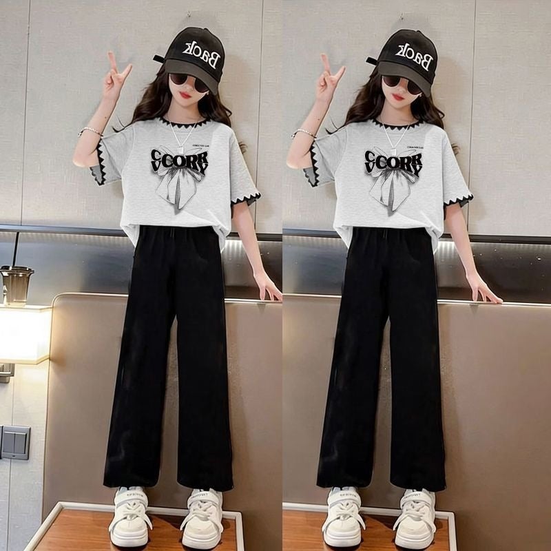 Children''s Summer Outfit Set: Ice Silk Pants and Stylish Short-Sleeve Top for Girls, Loose and Trendy Princess Style Two-Piece Set - Image 5