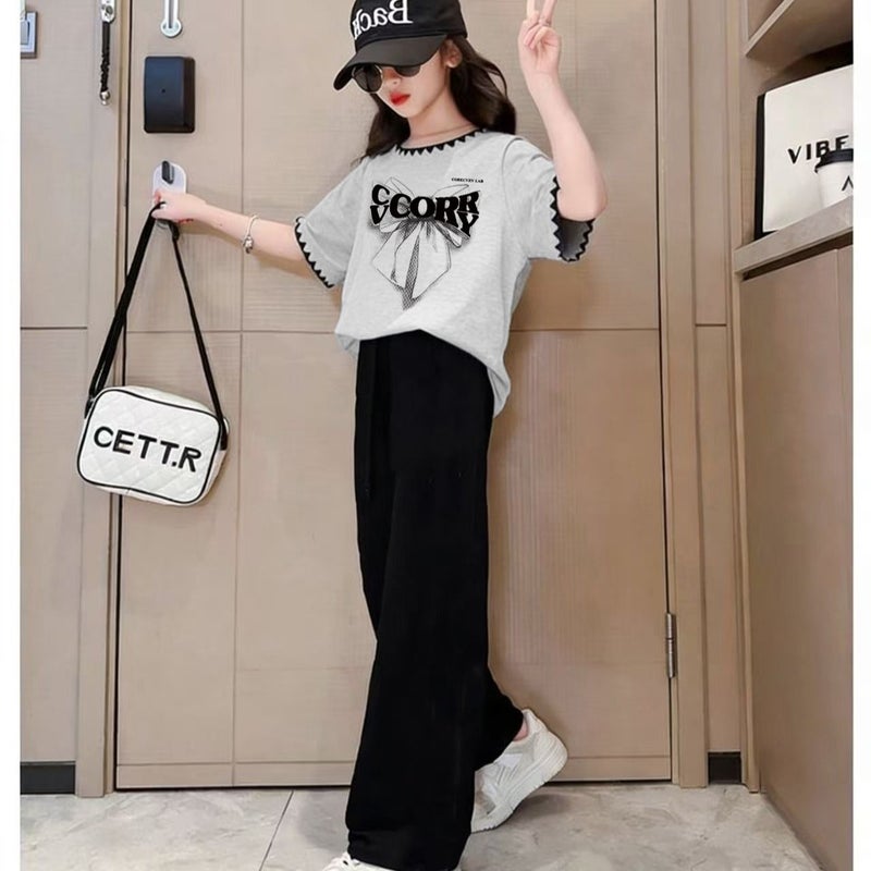 Children''s Summer Outfit Set: Ice Silk Pants and Stylish Short-Sleeve Top for Girls, Loose and Trendy Princess Style Two-Piece Set - Image 4