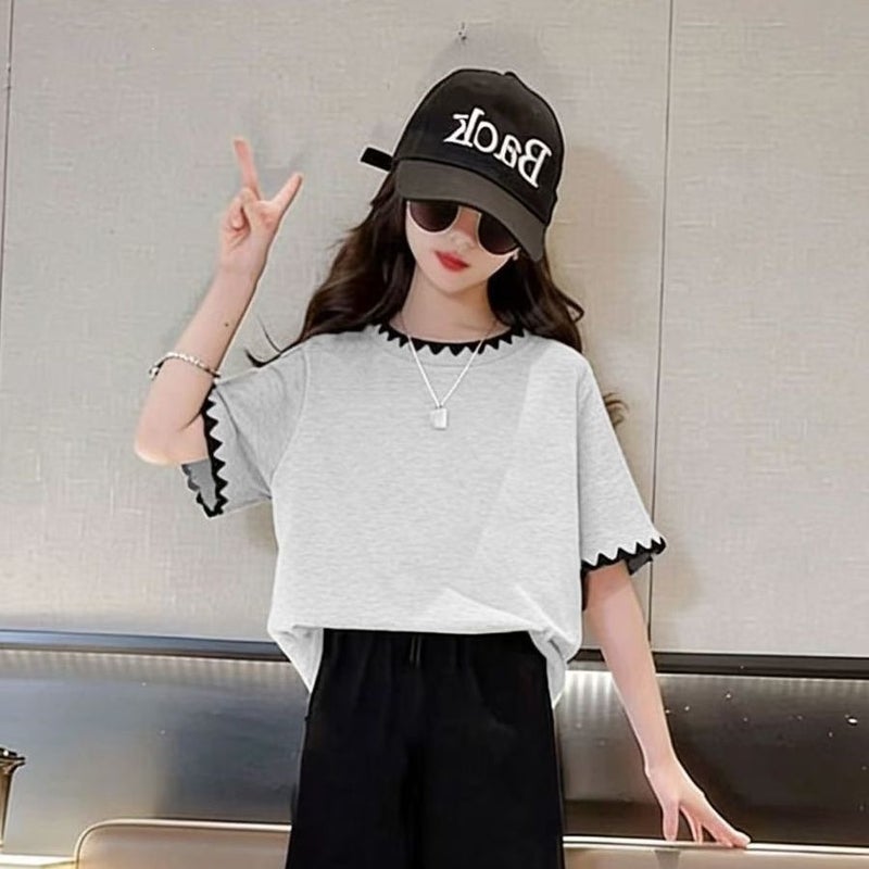 Children''s Summer Outfit Set: Ice Silk Pants and Stylish Short-Sleeve Top for Girls, Loose and Trendy Princess Style Two-Piece Set - Image 1