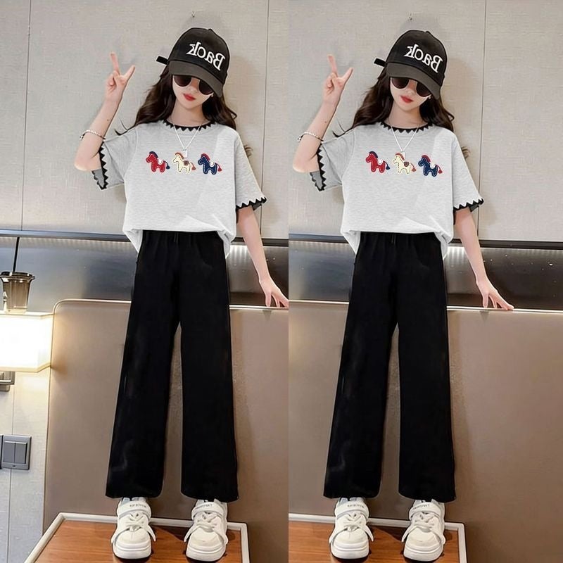 Children''s Summer Outfit Set: Ice Silk Pants and Stylish Short-Sleeve Top for Girls, Loose and Trendy Princess Style Two-Piece Set - Image 2