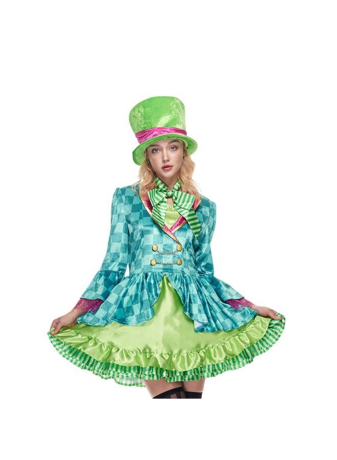 EraSpooky Adult Women Hatter Costume Mad Tea Party Halloween Cosplay with Bowtie Top Hat - Image 1
