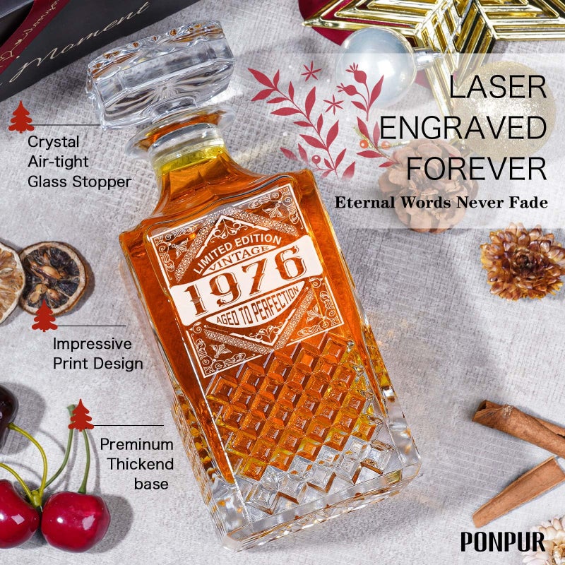 PONPUR 50th Birthday Gifts For Men Dad, 1976 Laser Whiskey Decanter Set with Gift Box, Anniversary Birthday Gift Ideas for Him Husband, 50 Years Bday Decorations, Whiskey Glasses & Whisky Stones Inc. - Image 2