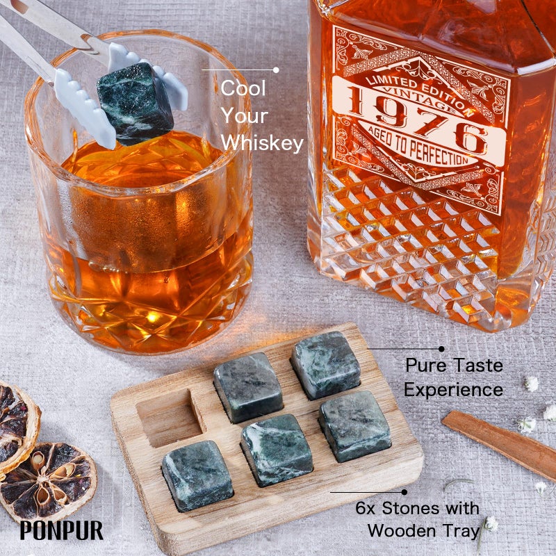 PONPUR 50th Birthday Gifts For Men Dad, 1976 Laser Whiskey Decanter Set with Gift Box, Anniversary Birthday Gift Ideas for Him Husband, 50 Years Bday Decorations, Whiskey Glasses & Whisky Stones Inc. - Image 4