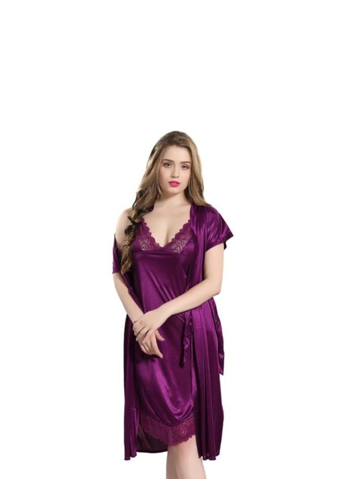 Accessorize Kingdom Women Satin Short Nighty with Lace & Robe 1306  - Image 1