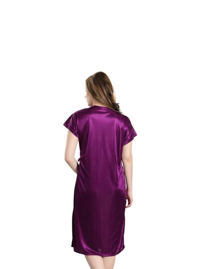 Accessorize Kingdom Women Satin Short Nighty with Lace & Robe 1306  - Image 2