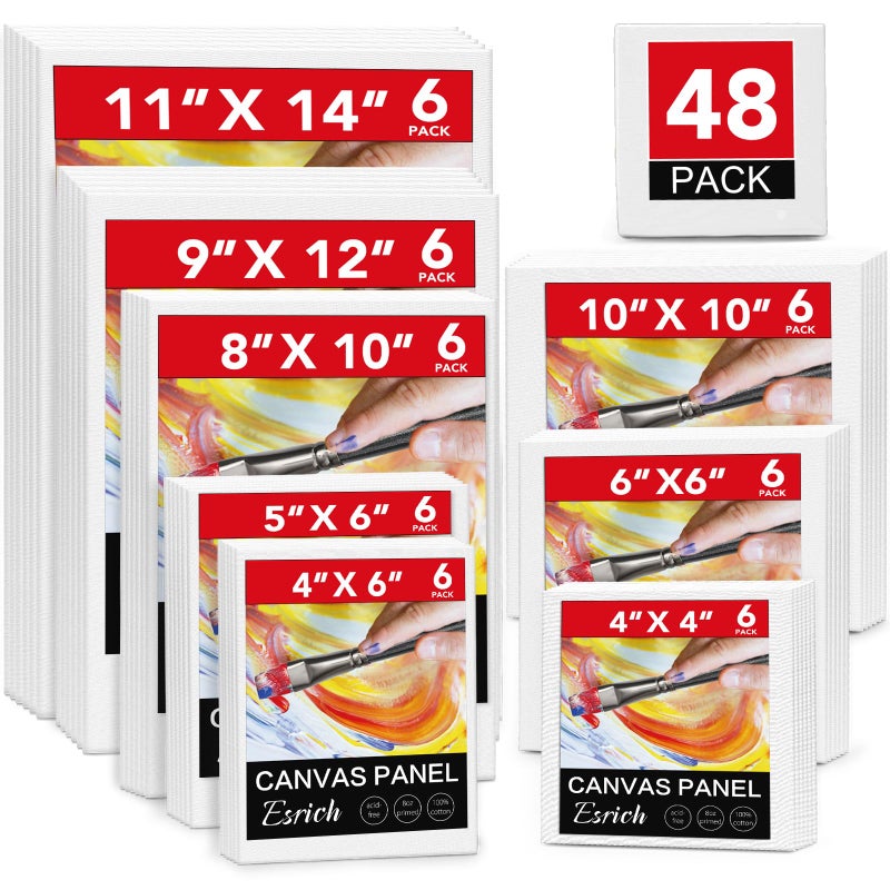 ESRICH 48 Pack Canvas Boards for Painting 4x44x65x66x68x1010x109x1211x146 of Each Cotton PrePrimed Painting Canvas Panels for Oil Acrylic Watercolor Flat Canvas for Beginners  Artists