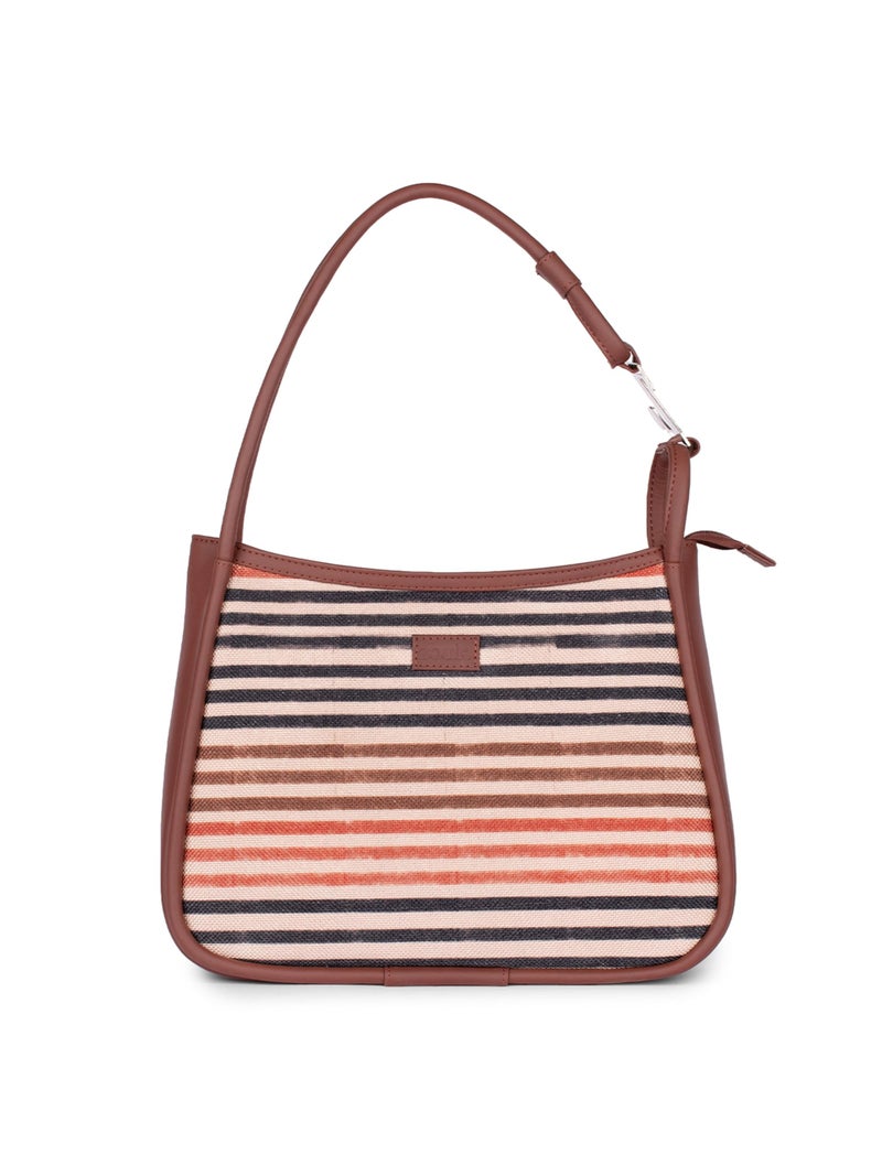 ZOUK Qutub Stripes Printed Jute Handcrafted Vegan Leather Multicolor Women's Sleek Shoulder Bag |Hobo Bag| - Image 1