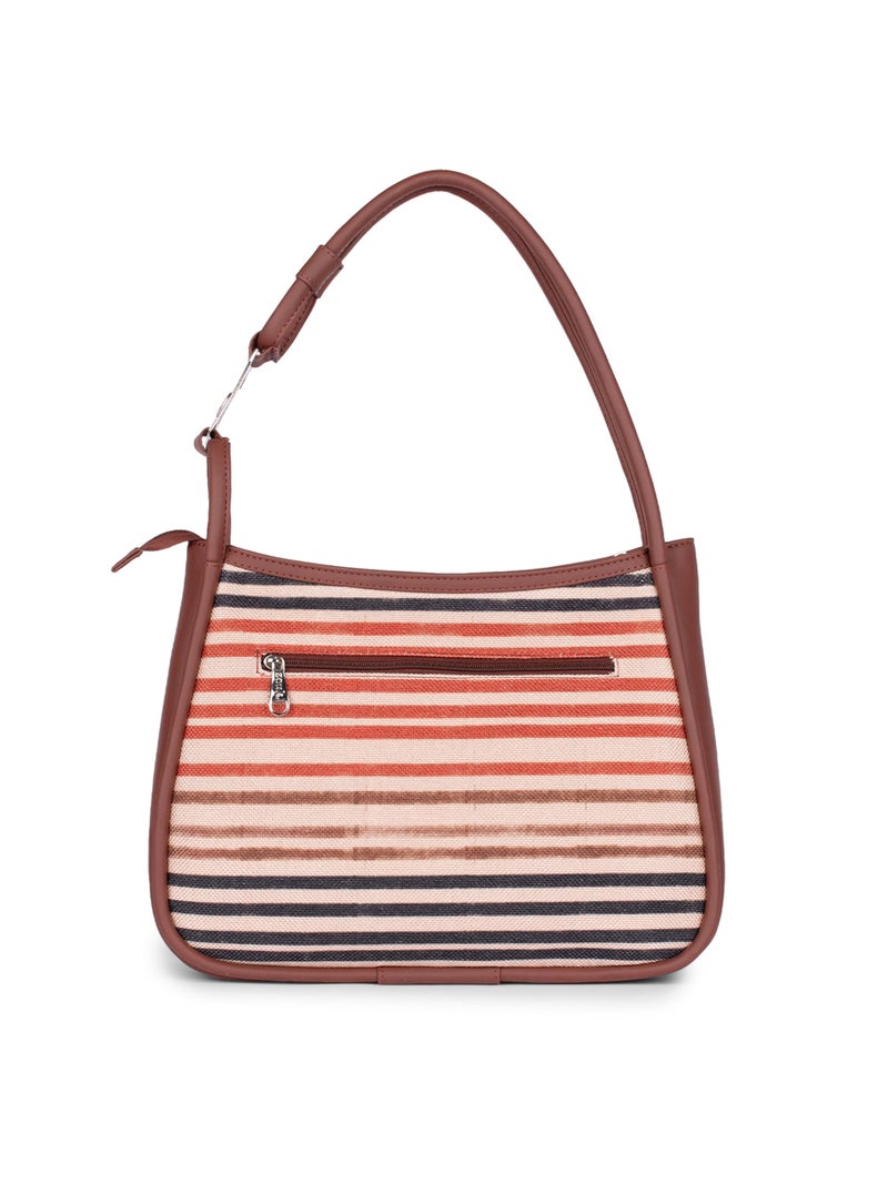 ZOUK Qutub Stripes Printed Jute Handcrafted Vegan Leather Multicolor Women's Sleek Shoulder Bag |Hobo Bag| - Image 5
