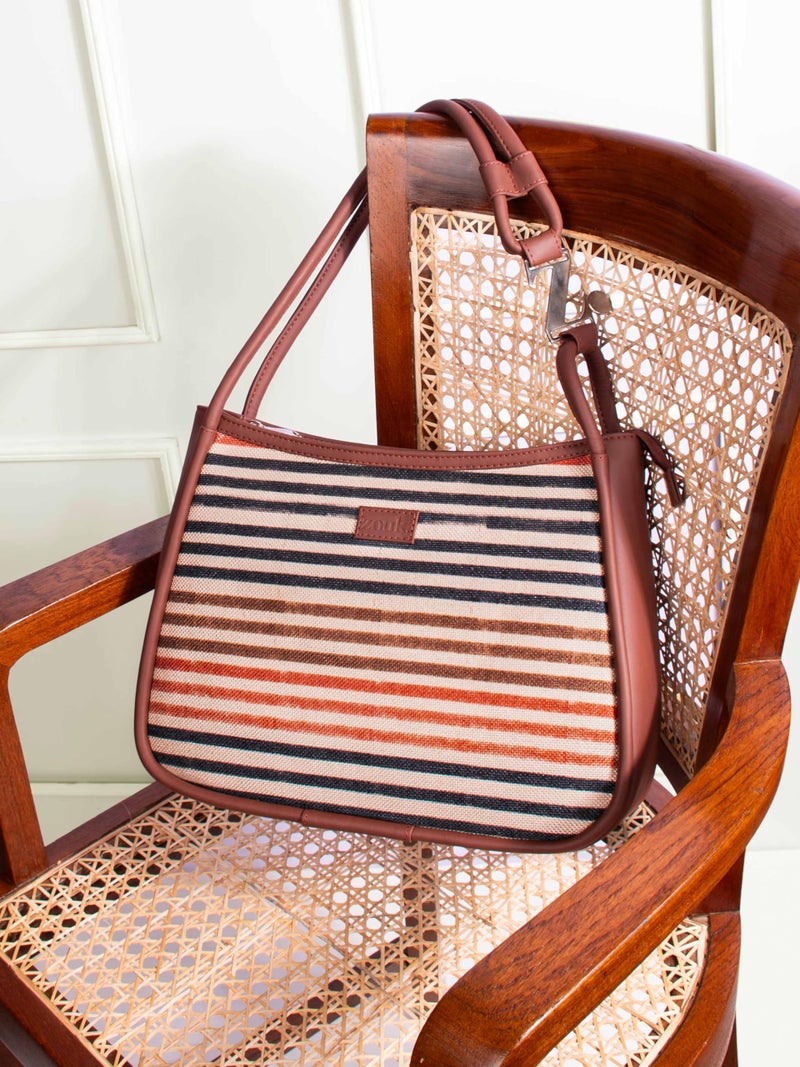 ZOUK Qutub Stripes Printed Jute Handcrafted Vegan Leather Multicolor Women's Sleek Shoulder Bag |Hobo Bag| - Image 3