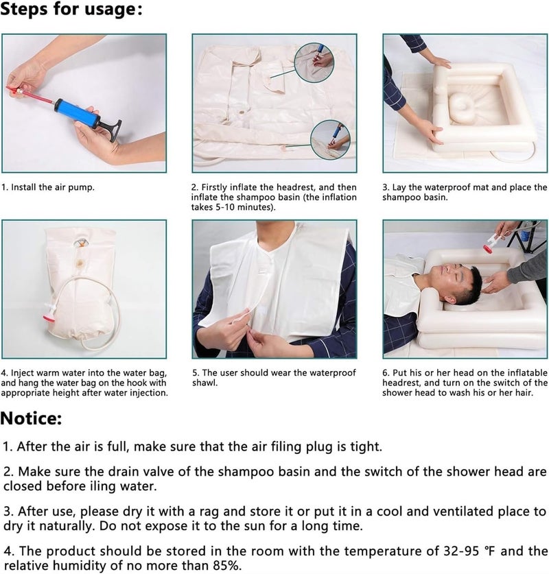 يُسلِّم طقم حوض غسيل شعر قابل للنفخ بجانب السرير مع كيس ماء، لغسل الشعر في السرير في المنزل أو في الهواء الطلق أو في المستشفى. مناسب لذوي الاحتياجات الخاصة وكبار السن والمرضى طريحي الفراش والمرضى بعد العمليات الجراحية. - Image 5