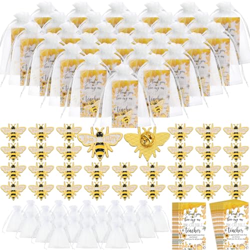 Ecation 30 Sets Teacher Appreciation Gifts Bulk Bee Pins Thank You Cards with Bags for Teachers Day Kindergarten End of Year - Image 1
