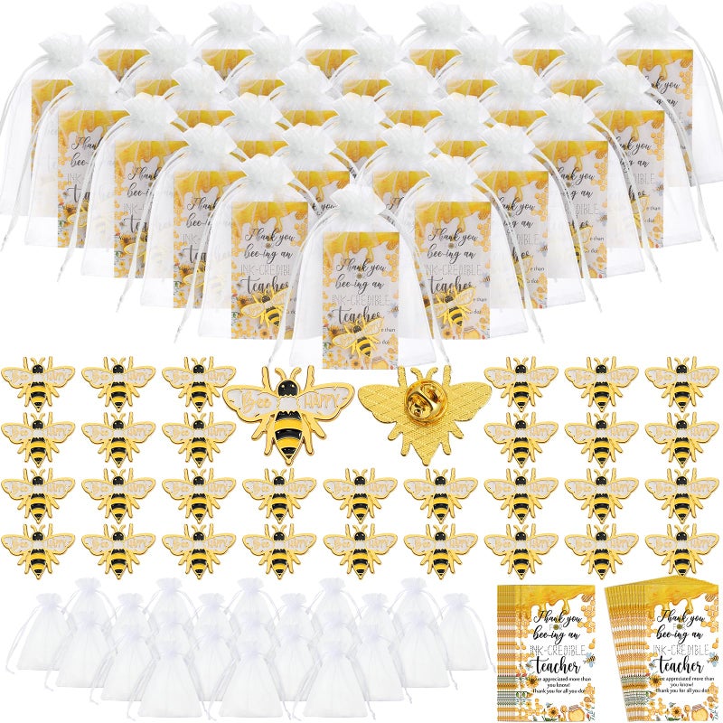 Ecation 30 Sets Teacher Appreciation Gifts Bulk Bee Pins Thank You Cards with Bags for Teachers Day Kindergarten End of Year - Image 2
