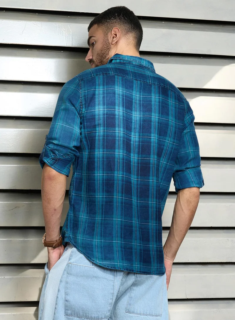 HIGH STAR Men's Multicolour 100% Cotton Checkered Button Down Regular Fit Shirt